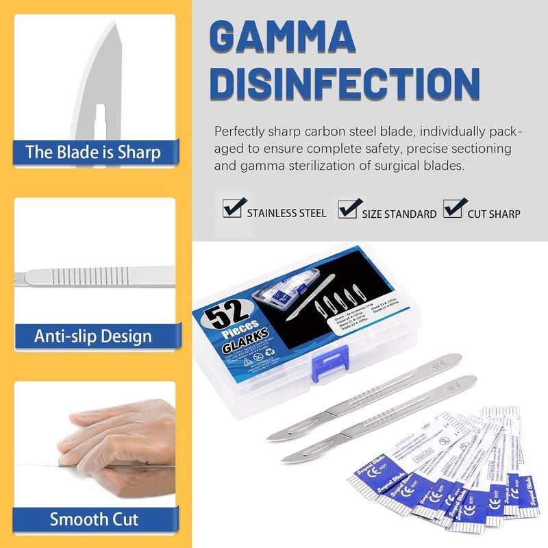 Glarks 52Pcs Surgical Grade Blade with Handle Kit, 50Pcs #20#21#22#23#24 Disposable Surgical Blade Sterile Scalpel Blade with 2Pcs #4 Scalpel Handle for Biology Lab Anatomy, Practicing Cutting - Image 3